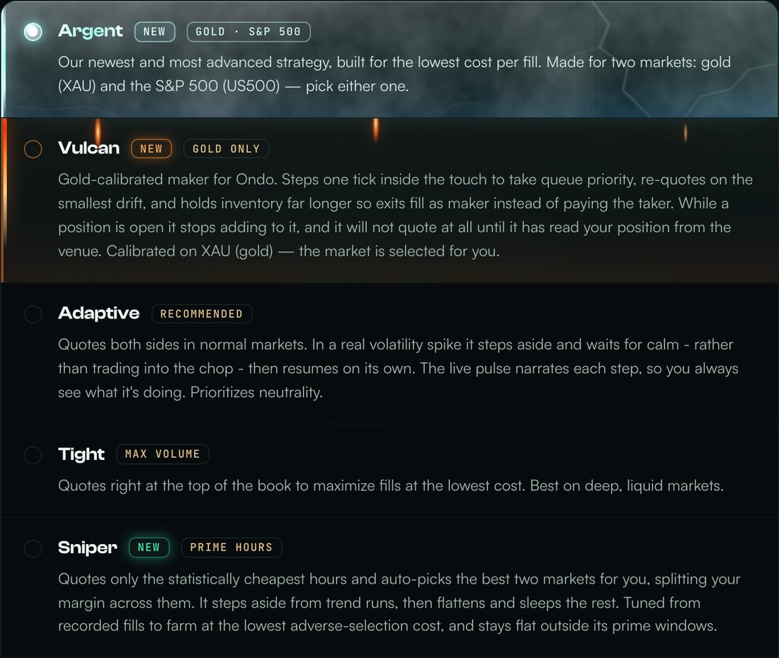 Strategy list in the cabinet: Argent first and selected, Vulcan below it, then Adaptive, Tight and Sniper