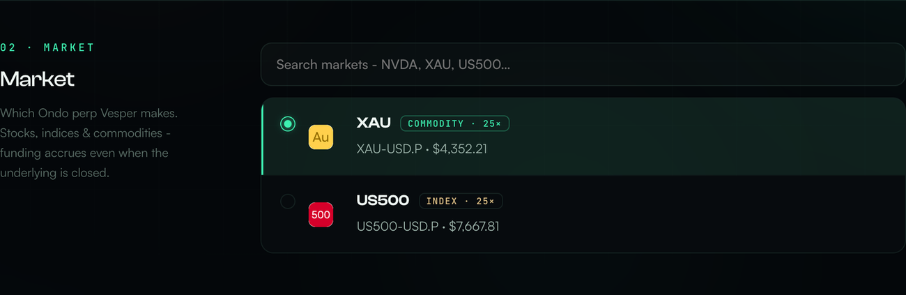 Market picker showing XAU and US500 with live prices