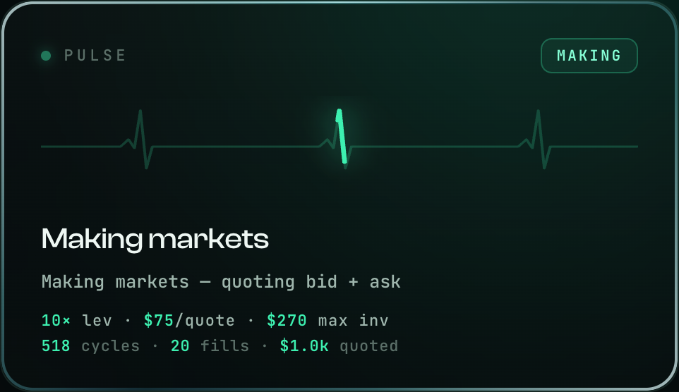 Pulse card: Making markets, quoting bid and ask, with leverage, order size, inventory cap, cycles and fills