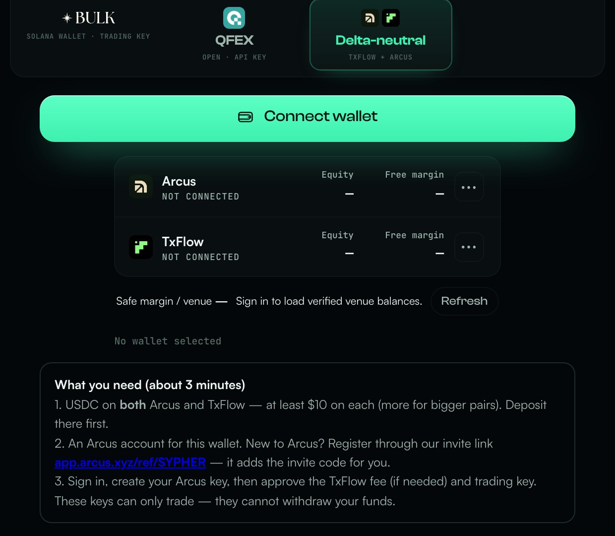 Vesper connect page with the Delta-neutral TxFlow + Arcus tile selected
