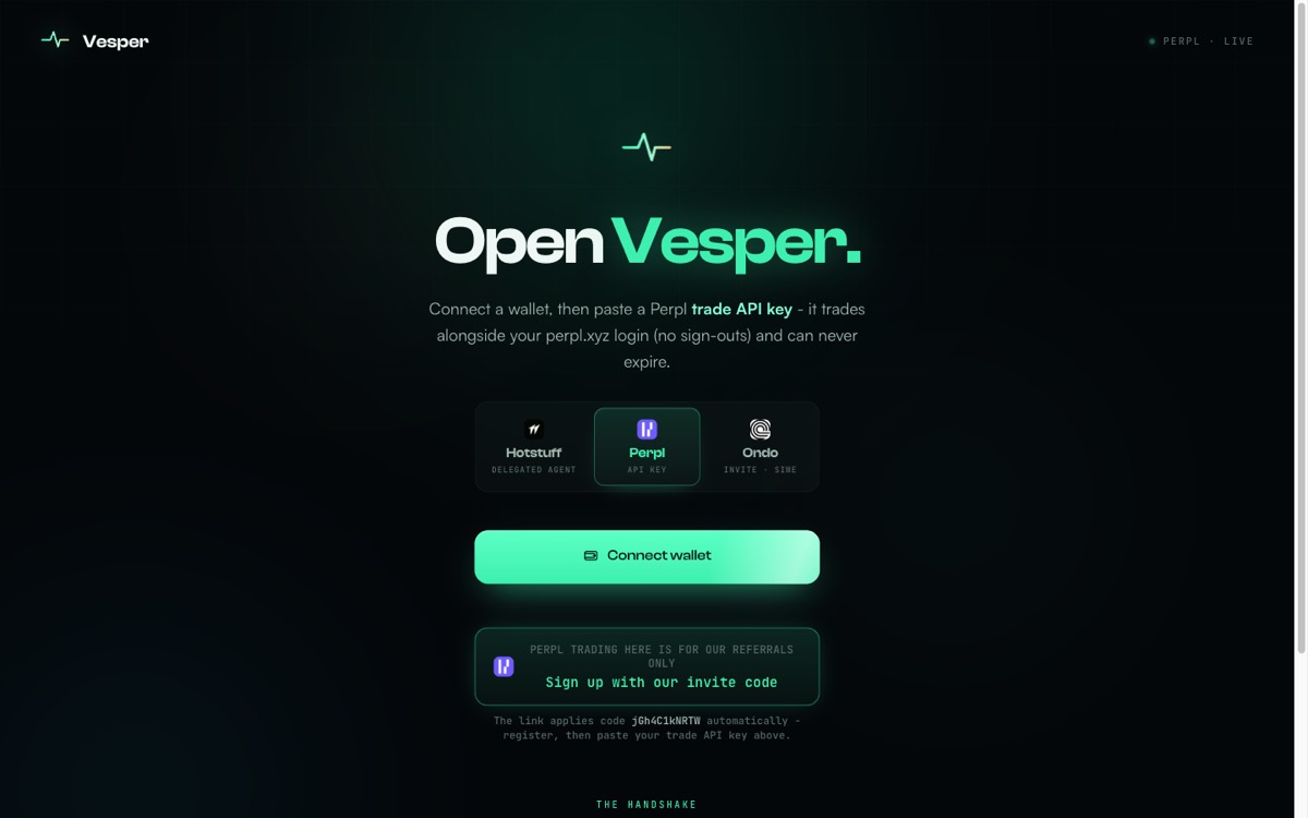 Connect page with the Perpl venue selected: invite link with auto-applied referral code and the trade API key form