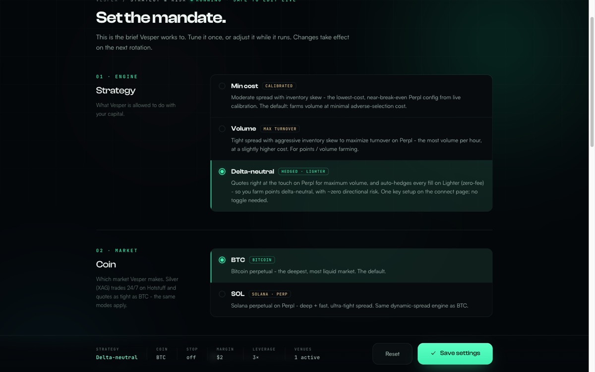 Settings: the Delta-neutral strategy card selected, coin choice BTC or SOL