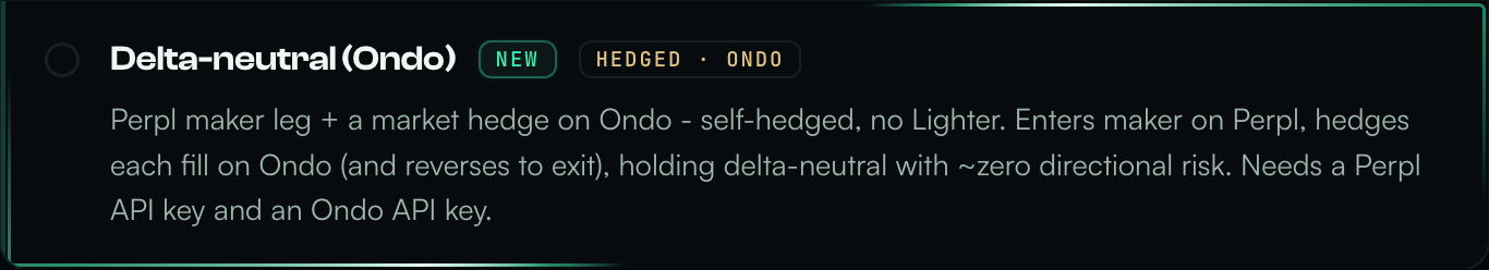 The Delta-neutral (Ondo) strategy card in Settings, tagged NEW and HEDGED · ONDO
