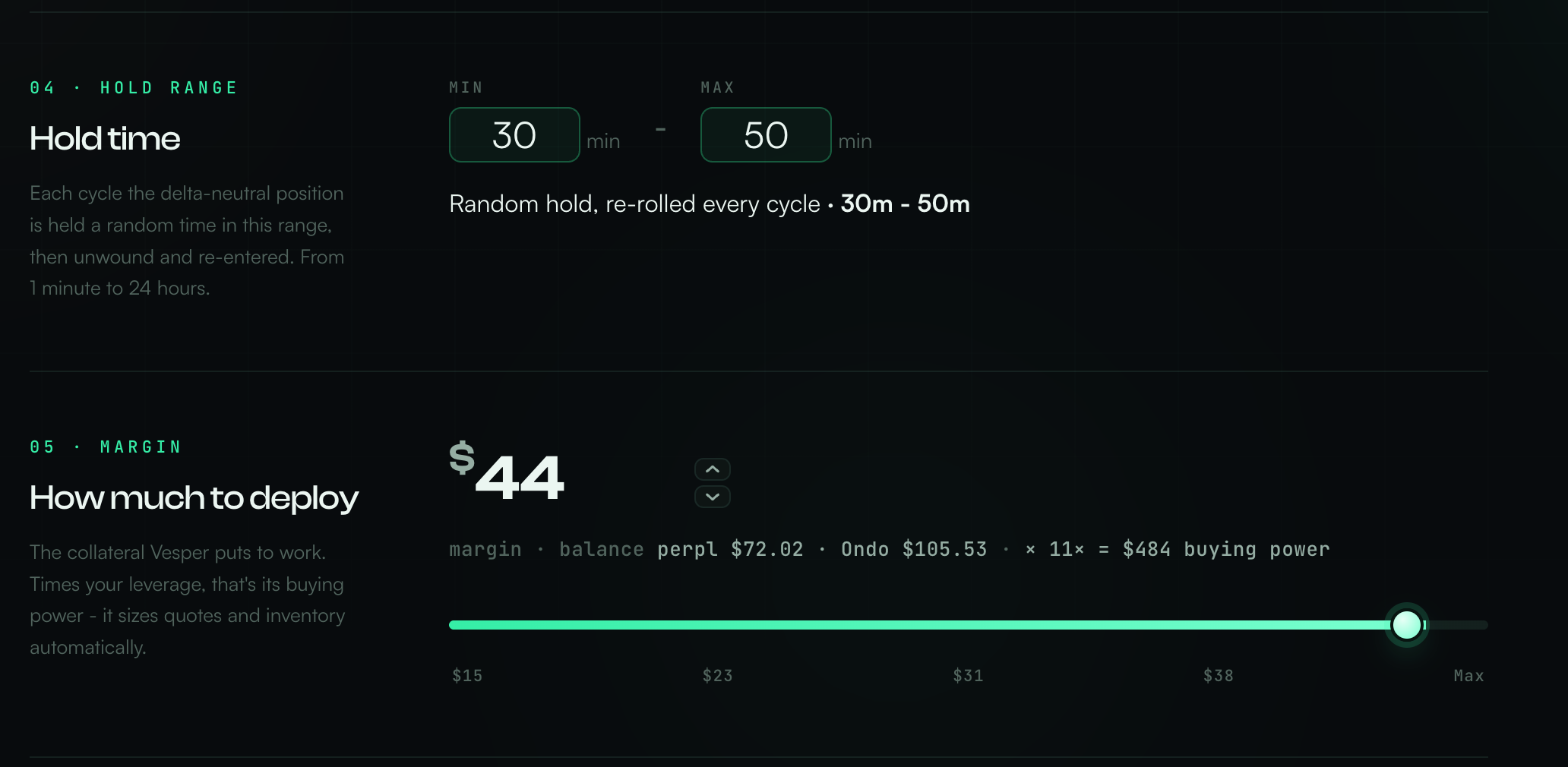 Settings: hold-time range 30 to 50 minutes, and the margin slider showing both venue balances