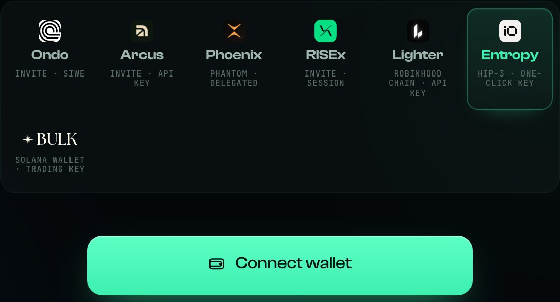 The Vesper connect page with the Entropy venue selected and the Connect wallet button