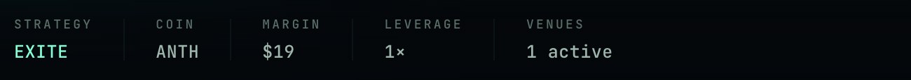 Settings summary row: strategy EXITE, coin ANTH, margin 19 dollars, leverage 1x, 1 venue active