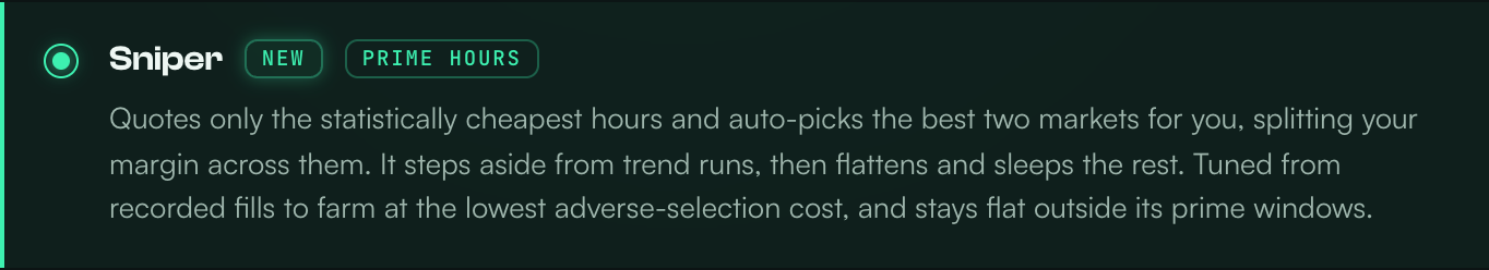 The Sniper card in the strategy list, selected, tagged NEW and PRIME HOURS
