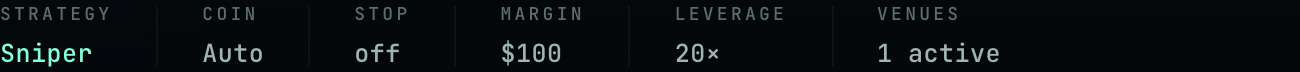 Settings summary row: strategy Sniper, coin Auto, stop off, margin 100 dollars, leverage 20x, 1 venue active